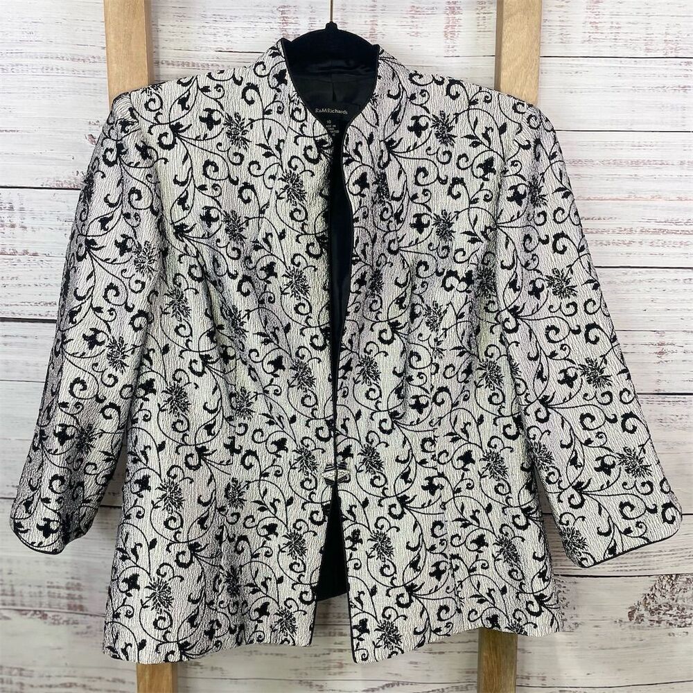 R&M Richards Women's Silver Brocade Floral Brocade Blazer Size 10
